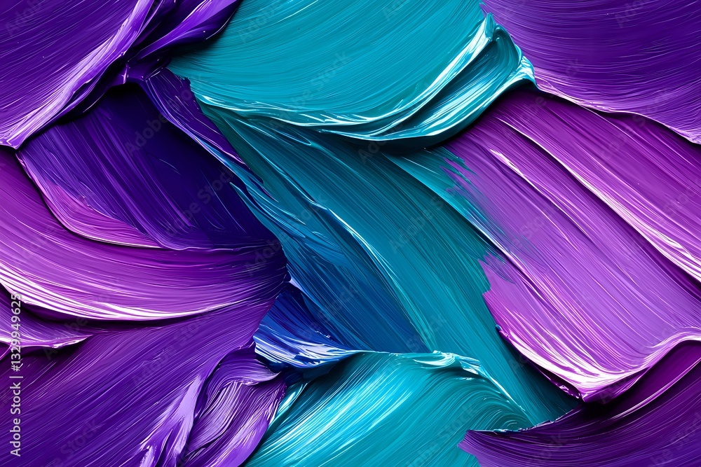 Poster abstract brush strokes in vibrant purple and turquoise create dynamic flowing patterns with textured