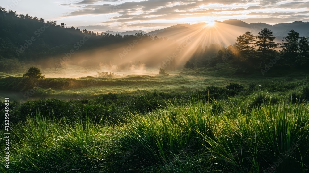 Poster field of grass with a sun shining on it. the sun is casting a bright light on the grass, making it l