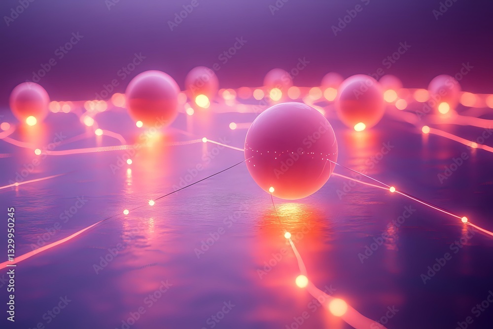 Poster glowing spheres connected by luminous lines on reflective surface create futuristic network visualiz