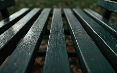 Fototapeta premium Close Up Of Wet Green Park Bench Slats