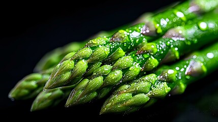 Fresh green asparagus spears with water droplets on dark background, macro photography showing detailed texture and natural moisture for food marketing.