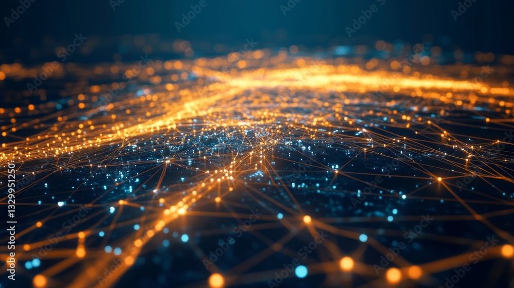 Poster abstract network connection visualization with glowing orange and blue points