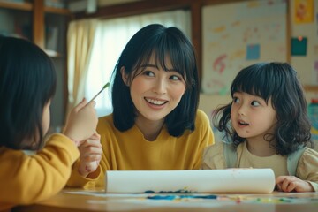 A Japanese female teacher is smiling and talking to two children in the classroom.