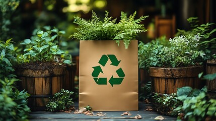 Recycled Paper Bag With Green Plants And Recycle Symbol