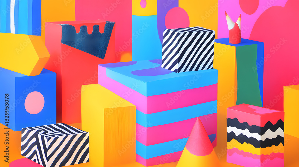 Poster colorful box displaying an intricate pattern in a minimalist setting surrounded by soft natural ligh