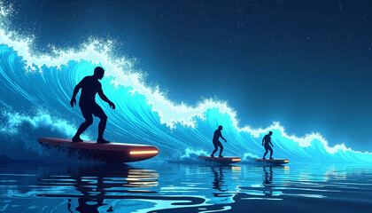 Futuristic surfing on glowing waves at night, adventure in the cosmos