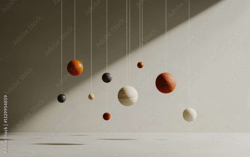 Poster multicolored textured spheres hanging on strings against textured wall with sunlight shadow