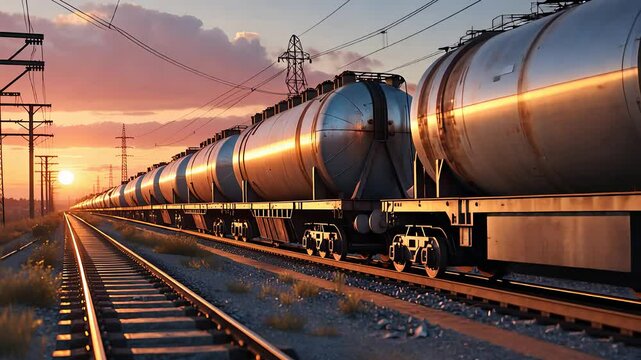 Long Freight Train with Cylindrical Tanker Cars Transporting Liquid Cargo on Railway Tracks at Sunset with Power Lines

