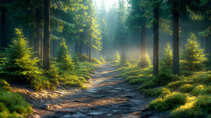 Fototapeta premium Misty Evergreen Forest, Cinematic Landscape, Serene Nature View