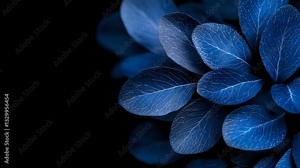 Poster glowing blue leaves arranged in circular pattern on black background create ethereal botanical art c