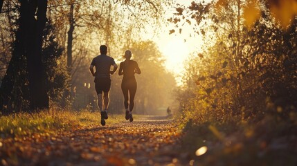 Morning Joggers in Autumn Forest Trail