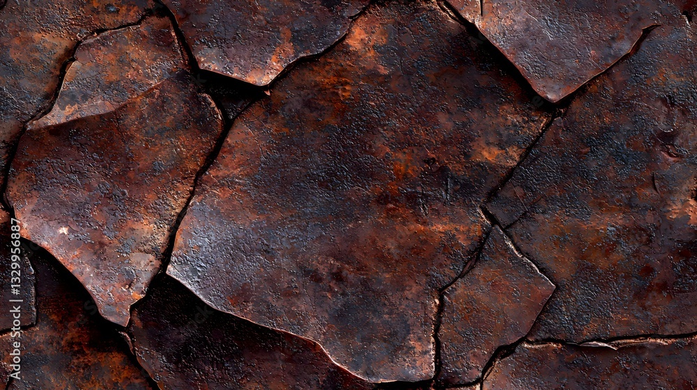 Poster cracked rusty metal surface with deep fissures and weathered oxidation patterns showing rough corros
