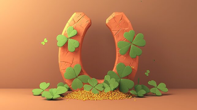 A decorative horseshoe surrounded by green clovers and golden elements, symbolizing luck and fortune in a warm-toned setting.