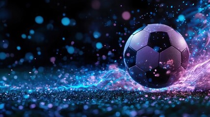 Naklejka premium Classic football soccer ball illuminated themes vibrant blue and pink neon lights on a gradient background, perfect for sports and recreation copy by space for text