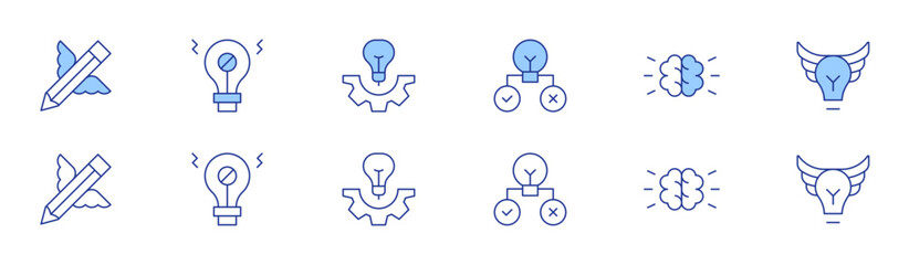 Creativity icon set in two styles, Duotone and Thin Line style. Editable stroke. hypothesis, brainstorming, idea, inspiration, no idea