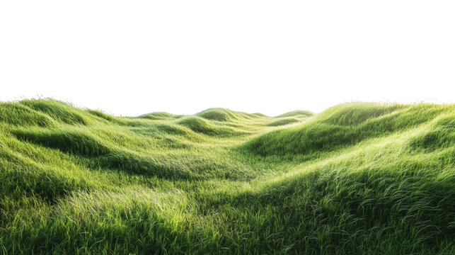A serene landscape of lush green rolling hills under a clear white sky, emphasizing simplicity and natural beauty isolated on white background.