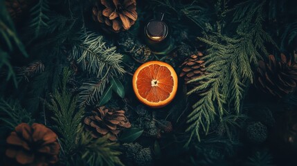 Aromatic Winter Citrus: Festive Orange Slice Amidst Evergreen Branches and Pinecones