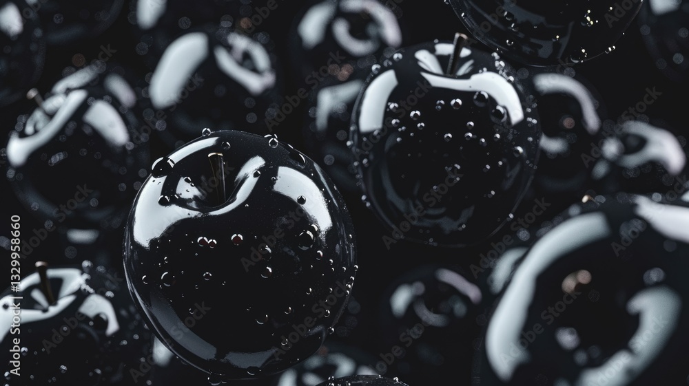 Poster abstract of black circle shape ball with droplet style design connect by pale color bond. sphere bub