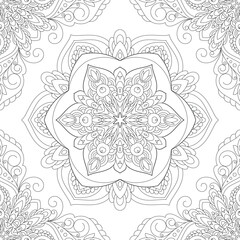 Vector Black and White Mandala Pattern. Intricate Spiritual Lace Tattoo with Islamic, Arabic, Indian, and Ottoman Influences. Zentangle inspired image to color.