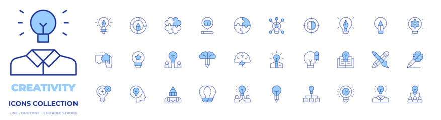 Creativity icons collection. Line Duotone style, editable stroke. blended learning, brainstorm, idea, lightbulb, puzzle, viral, knowledge, option, team, light bulb