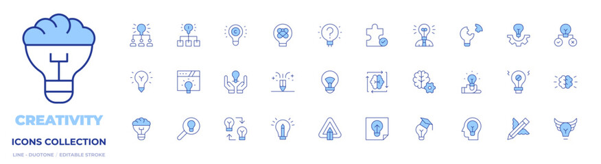 Creativity icons collection. Line Duotone style, editable stroke. problem solving, hypothesis, idea, brainstorming, exchange ideas, understand, search, no idea