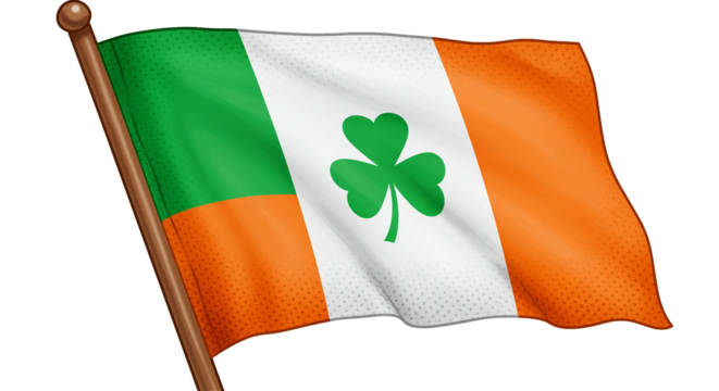 Irish flag with shamrock waving in the wind as a national symbol of Ireland featuring green white and orange colors with a wooden pole representing Irish flag symbolism
