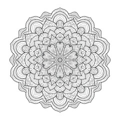 Vector Black and White Mandala Pattern. Intricate Spiritual Lace Tattoo with Islamic, Arabic, Indian, and Ottoman Influences. Zentangle inspired image to color.