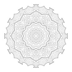 Vector Black and White Mandala Pattern. Intricate Spiritual Lace Tattoo with Islamic, Arabic, Indian, and Ottoman Influences. Zentangle inspired image to color.