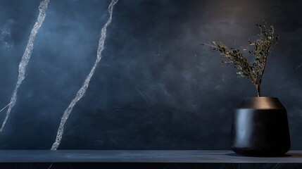 Dark aesthetic background featuring a vase with plant and patterned wall