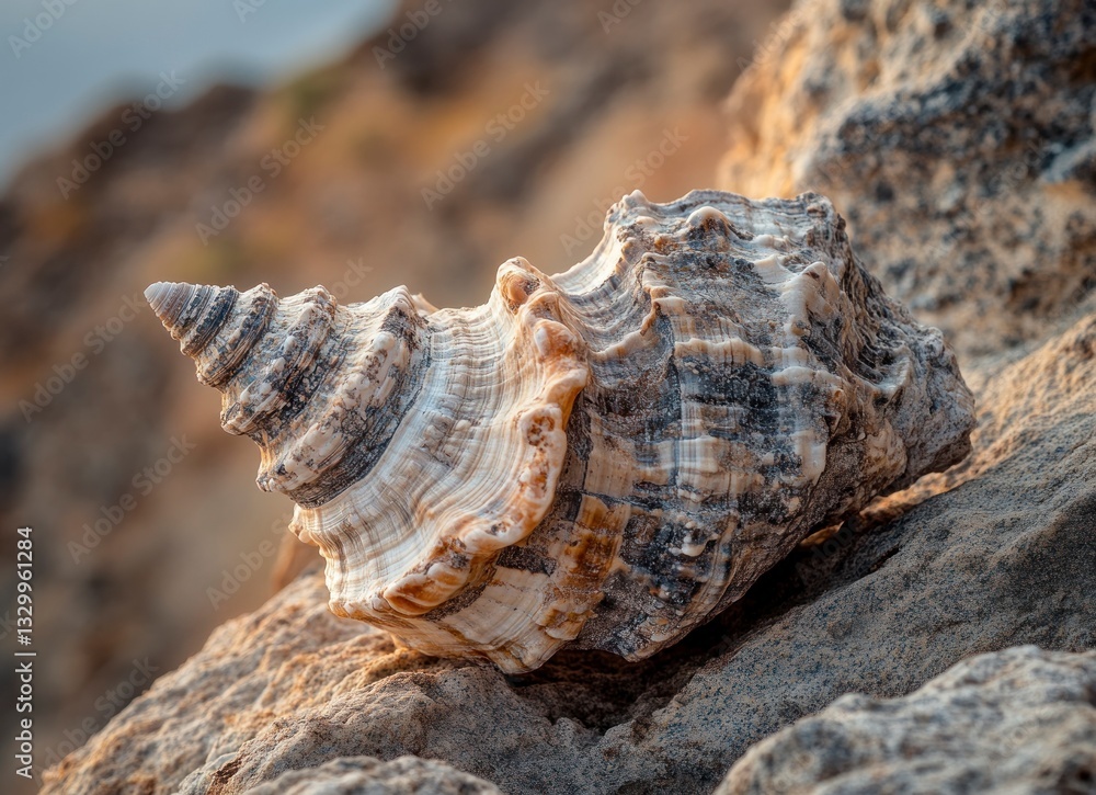 Poster seashell resting on rocky surface close-up with textured pattern design