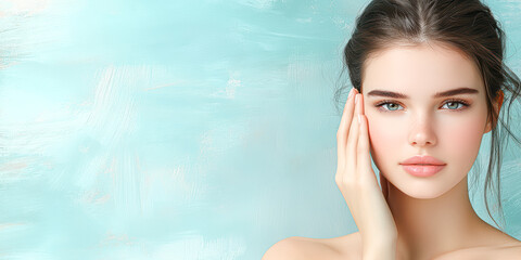 A serene portrait of a woman with clear skin and gentle expression.