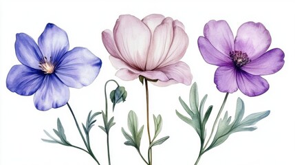 Delicate Watercolor Flowers on White Background
