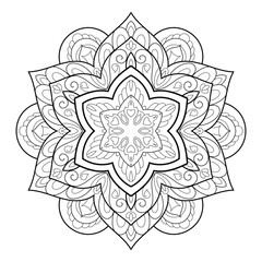 Vector Black and White Mandala Pattern. Intricate Spiritual Lace Tattoo with Islamic, Arabic, Indian, and Ottoman Influences. Zentangle inspired image to color.