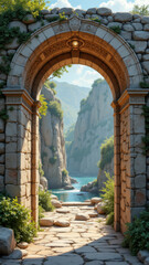 A majestic stone archway with Christian architecture leading to a picturesque landscape of mountains and water, suggesting an entrance to a holy or mystical place.