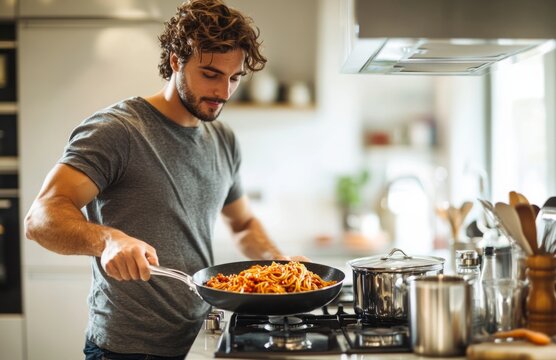 Attractive man cooking pasta in modern kitchen, holding pan with spaghetti and sauce