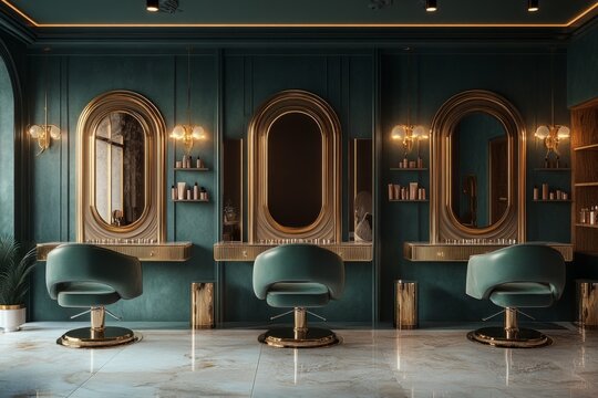 Luxurious emerald green hair salon interior showcasing elegant styling chairs, gold accents, and arched mirrors, creating a sophisticated ambiance
