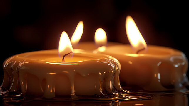 Three melting candles, dark background, light ambiance, relaxing mood, ideal for halloween or spa. Molten Light. Illustration