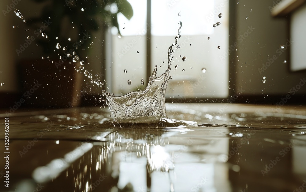 Poster water splashing on a reflective floor by a window