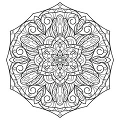 Vector Black and White Mandala Pattern. Intricate Spiritual Lace Tattoo with Islamic, Arabic, Indian, and Ottoman Influences. Zentangle inspired image to color.