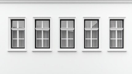 A series of black and white windows on a white wall. Suitable for architectural design projects