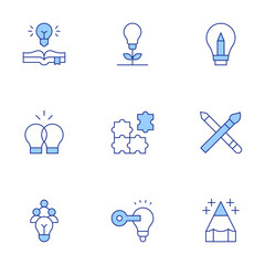 Creativity icons set. Line Duotone style, editable stroke. synergy, ingenuity, idea, team, creativity, creative spark, key