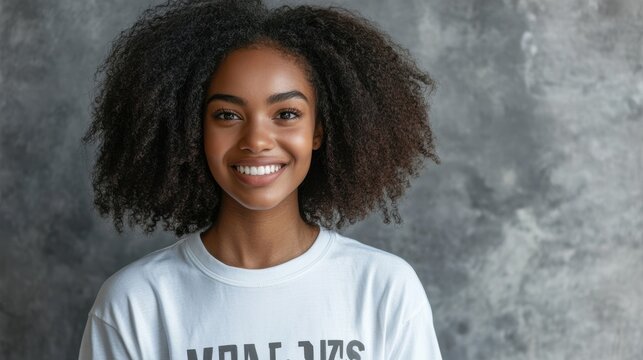Happy young african american woman activist wears volunteer tshirt looks at camera isolated on grey background. Charity organization, volunteer help donation service, support, altruism concept.