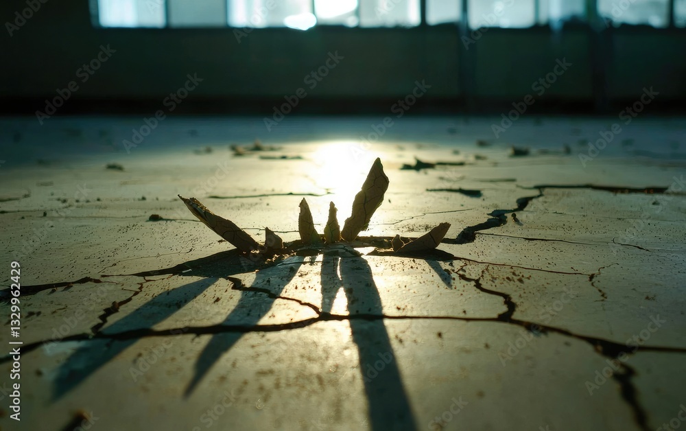 Poster close-up of dry leaves casting long shadows on a cracked floor in an abandoned building with light c