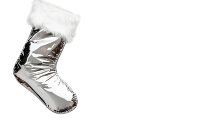 Png of A shiny silver Christmas stocking with a fluffy white fur trim, adding holiday charm to any décor on transparent background.