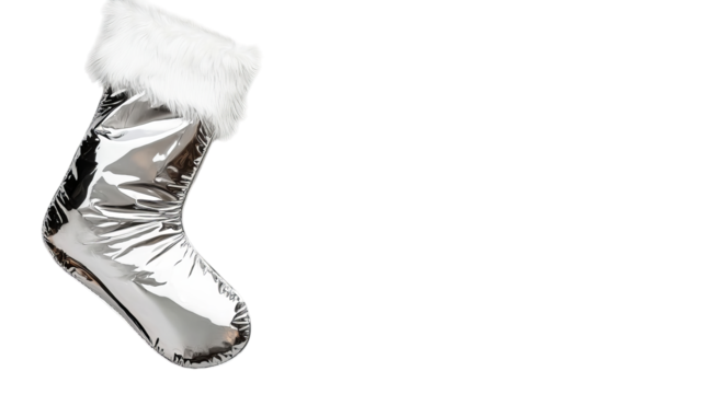 Png of A shiny silver Christmas stocking with a fluffy white fur trim, adding holiday charm to any décor on transparent background.