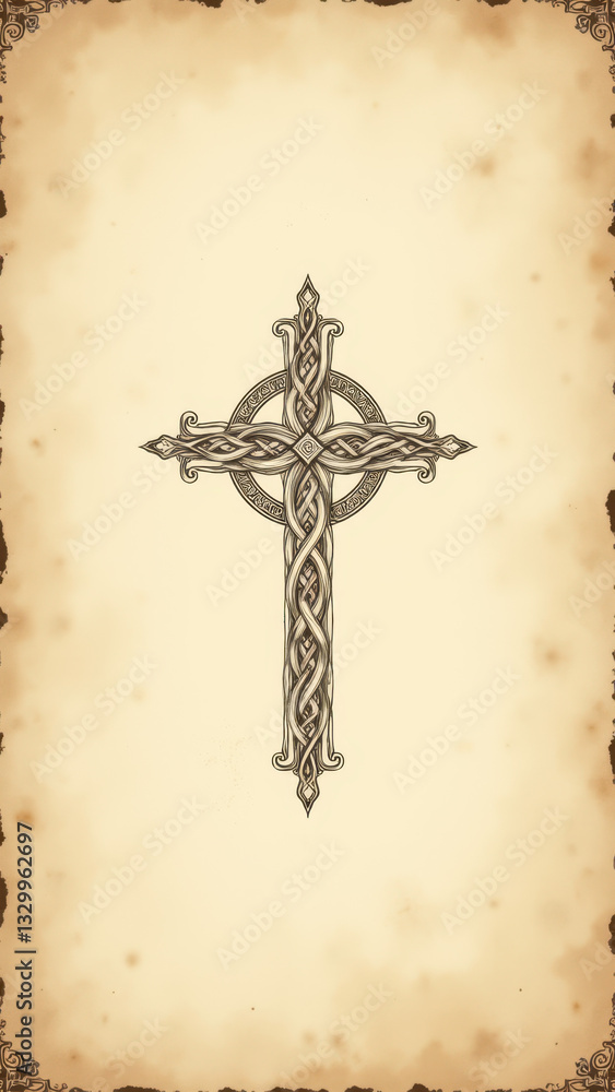 Poster old parchment scroll with a cross symbol on it.