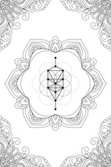 Zentangle Ornamental Black and White Design – Intricate Hand-Drawn Patterns with Sacred Geometry Symbols for Mindfulness, Meditation, and Spiritual Art