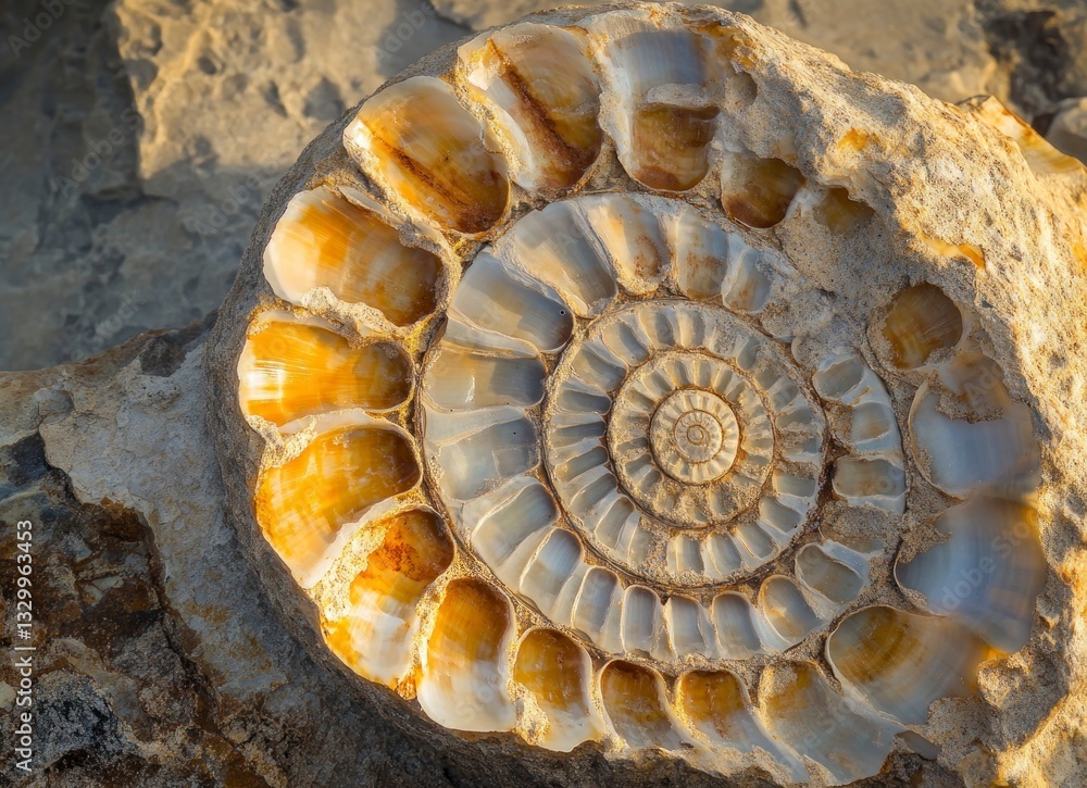 Poster closeup of an ancient ammonite fossil embedded in rock formation