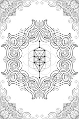 Zentangle Ornamental Black and White Design – Intricate Hand-Drawn Patterns with Sacred Geometry Symbols for Mindfulness, Meditation, and Spiritual Art