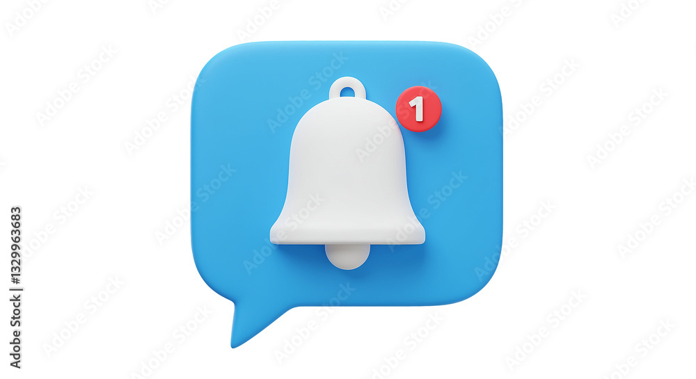 Poster notification bell icon with red notification number one on blue speech bubble background 3d render